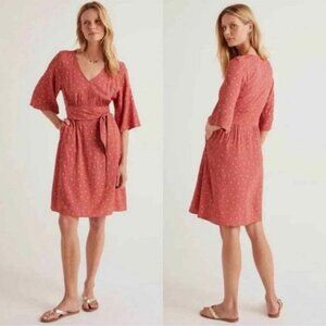 Boden Dominique Dress 3/4 Flutter Sleeve Belted Rouge Polka Dot Midi Flowy 12R